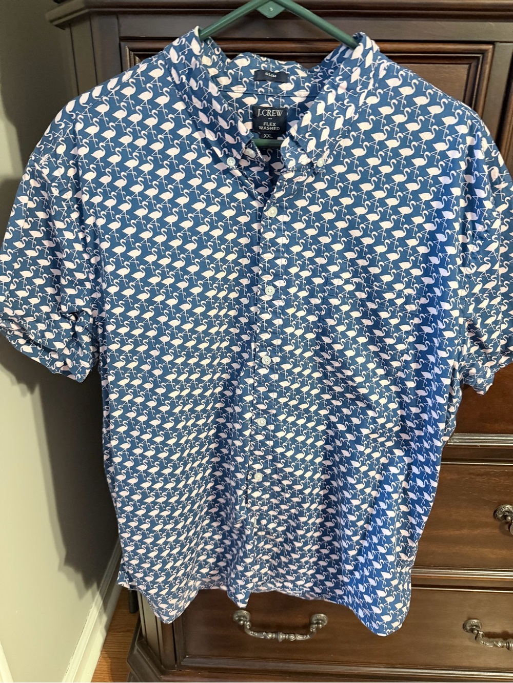 J. Crew Men’s Blue Polo with White Flamingo Print